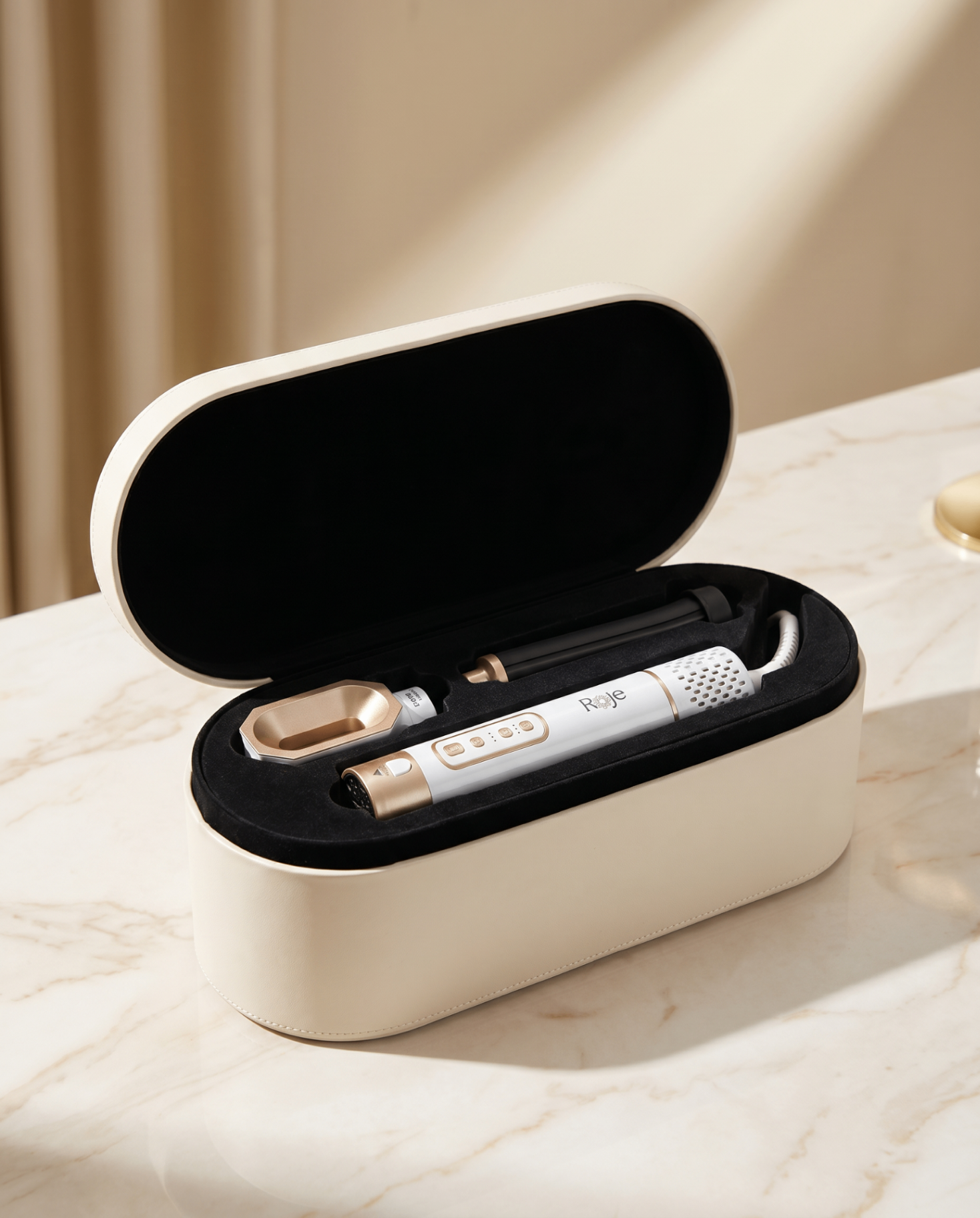 Roje Airstyler Pro inside signature ivory travel case with black velvet lining