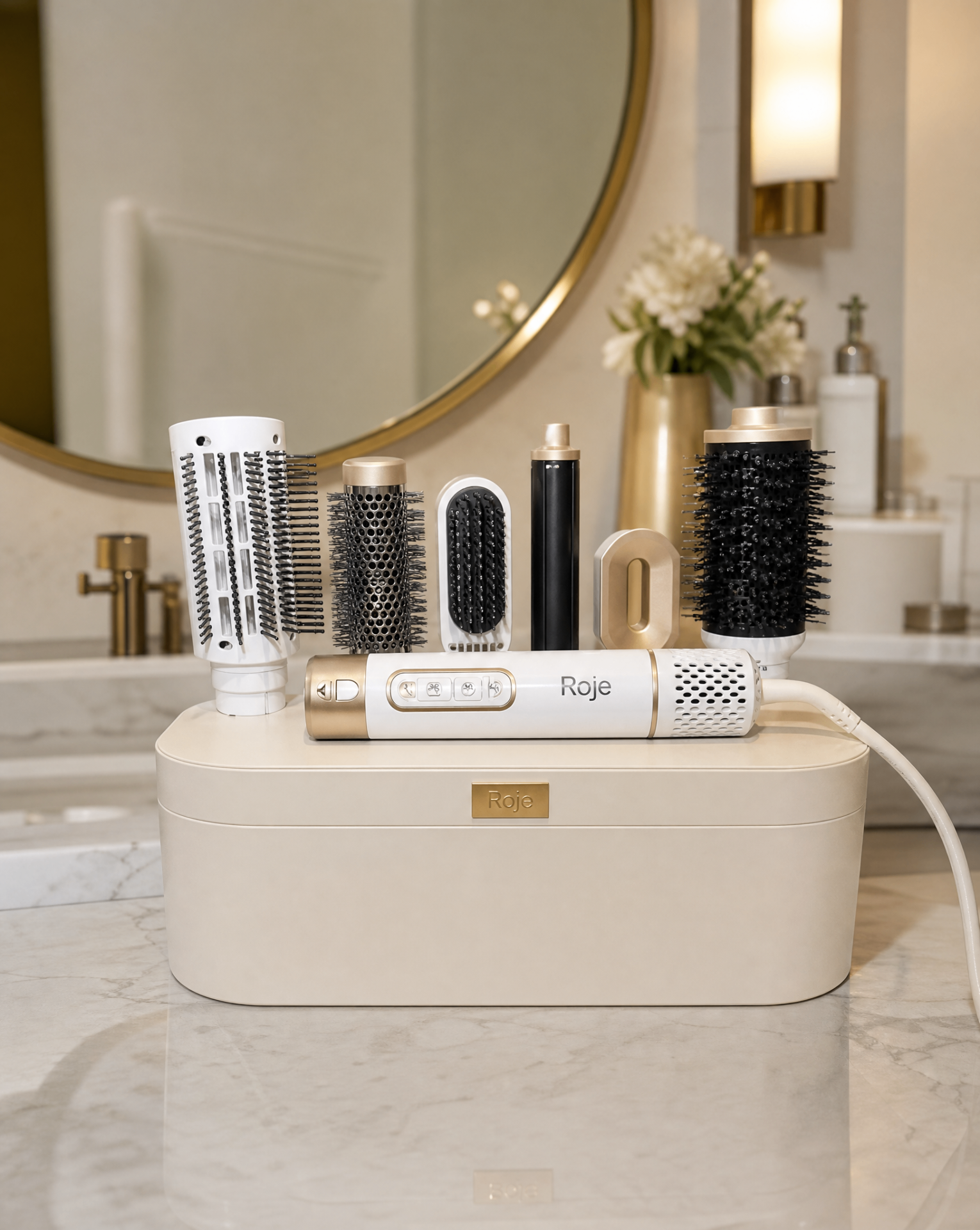 Roje Airstyler Pro styled in a marble & gold bathroom