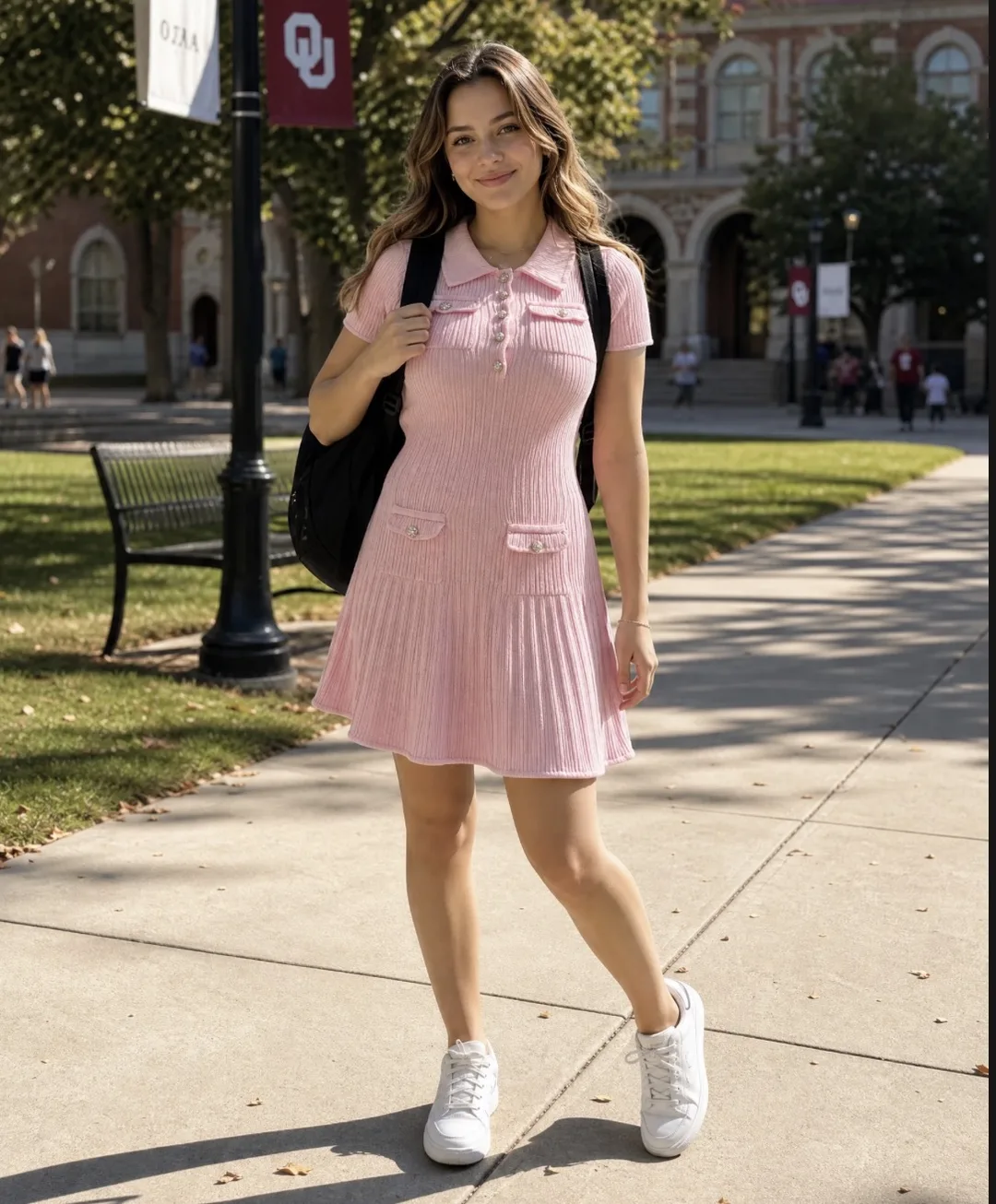 Wearing the pink dress
