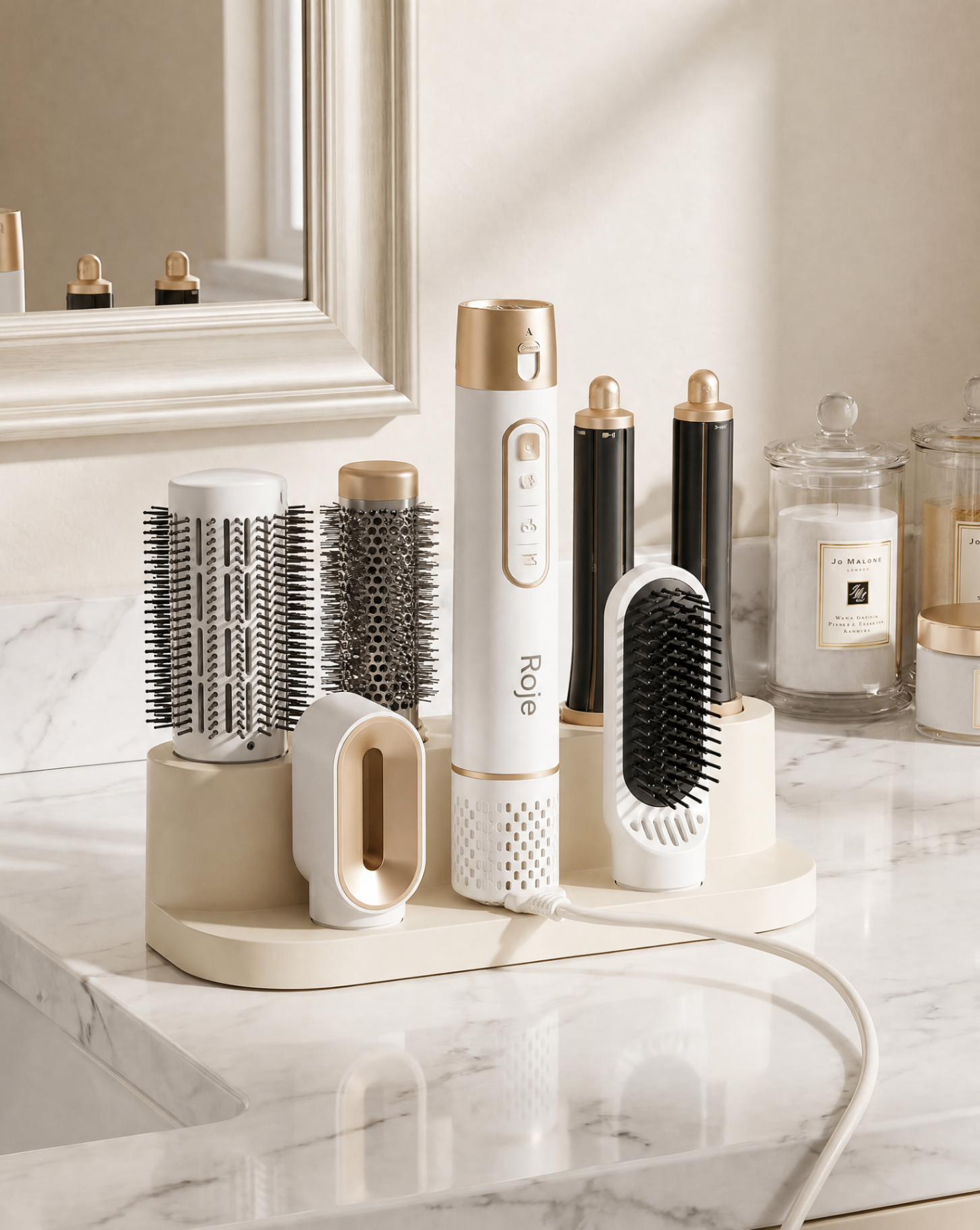 Roje Airstyler Pro on ivory stand with brushes and barrels